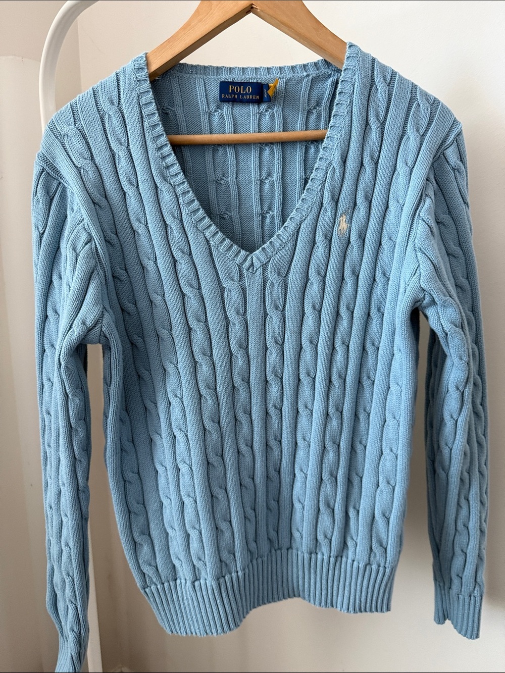 Ralph Lauren Women's Sky Blue Cable Knit V Neck Sweater Size L
